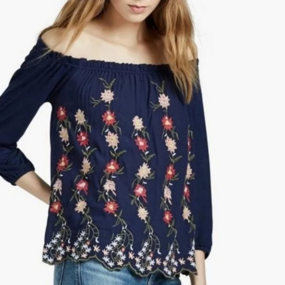 Lucky Brand Women's Embroidered Off The Shoulder 3/4 Sleeve Top Navy Size S NWT - Picture 1 of 7